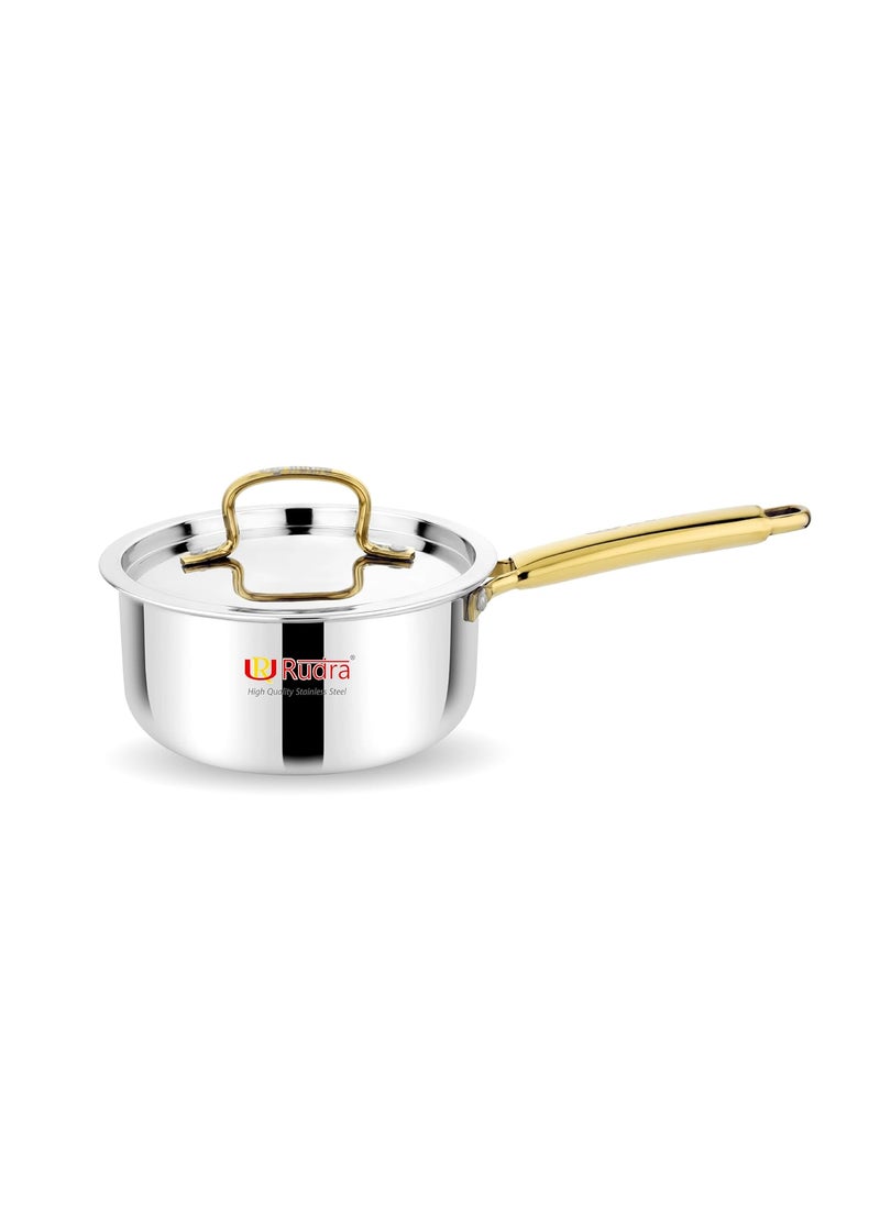 Rudra Triply Stainless Steel Cookware Saucepan Gold with Lid 25mm Thick Tea Chai Milk Pan for Boiling Induction Base 5 Years Warranty 14 cm