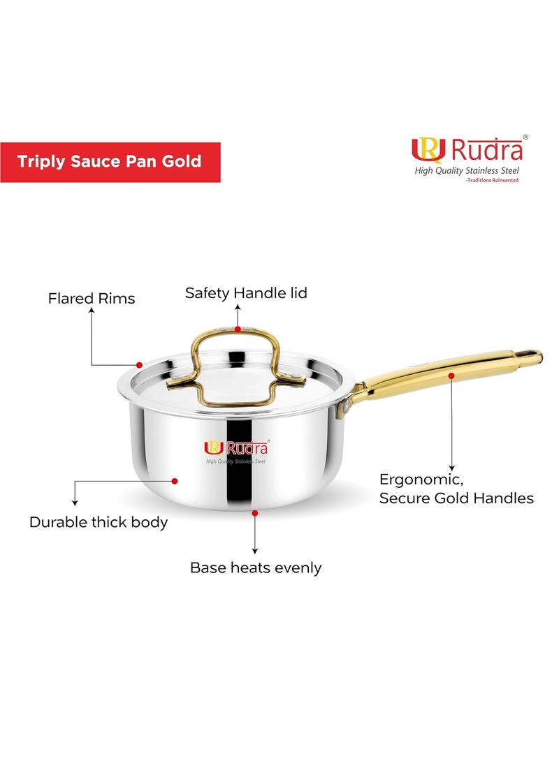 Rudra Triply Stainless Steel Cookware Saucepan Gold with Lid 25mm Thick Tea Chai Milk Pan for Boiling Induction Base 5 Years Warranty 14 cm