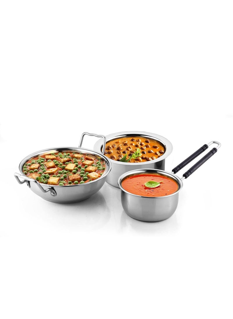 Kitchen Krafts 3pcs Induction Compatiable Cookware Set Tope Saucepan Kadhai