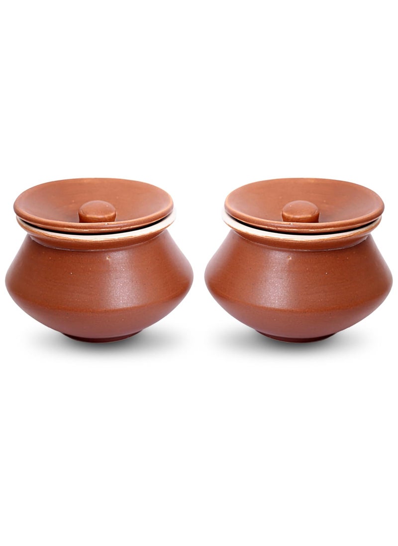 KALAKRITI Ceramic ServeWare Brown Pot 650 ML Handi with lid Biryani Bowl Serveware Curd Setter Sauce Pot Serve for Dal Curry and Dining Tableware Pack of 2