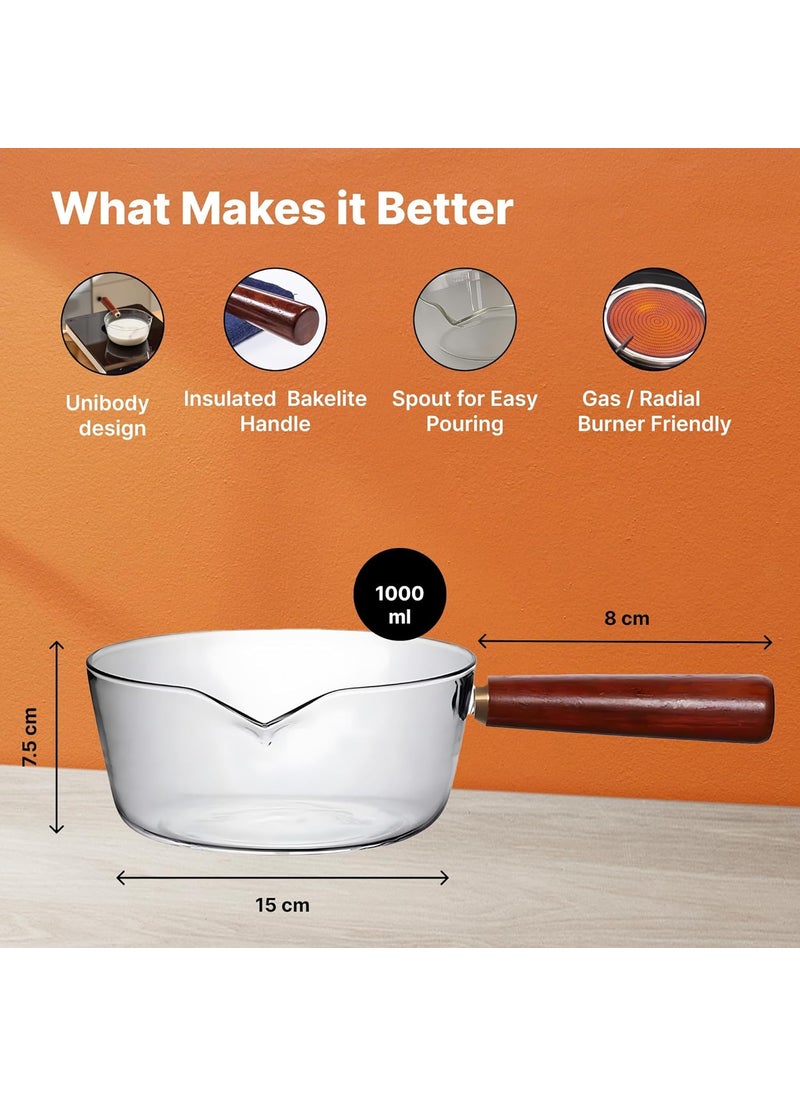Urbane Home 1L Borosilicate Glass Sauce Pan with Lid Handle Heat Resistant Gas Stove Induction Sauce Pan for tea Coffee Milk Boiling Handi Pot Vessel TransparentOYA003TRA