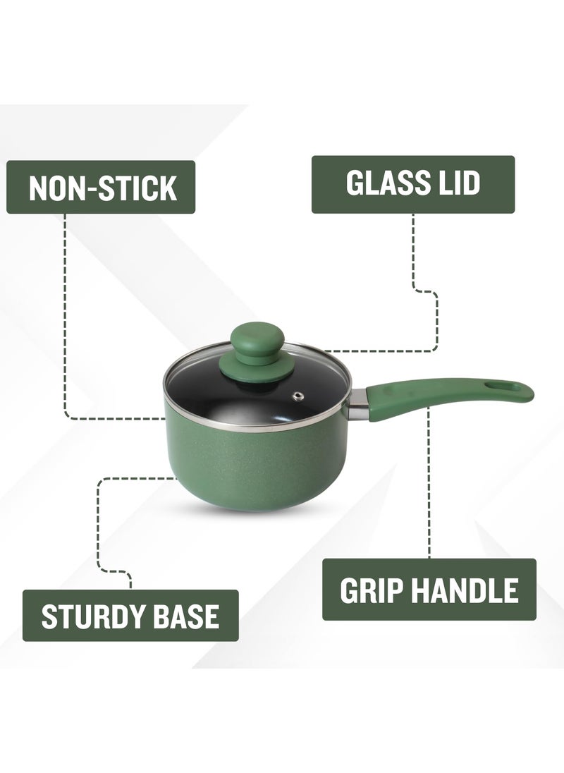 GET PLUMM Sauce Pan Induction Base Sauce Pan for Tea Gas Stove Compatible Pan for Making Tea Milk Boiler Cookware with Ceramic Coating Black Bakelite Handle Green 16 cm