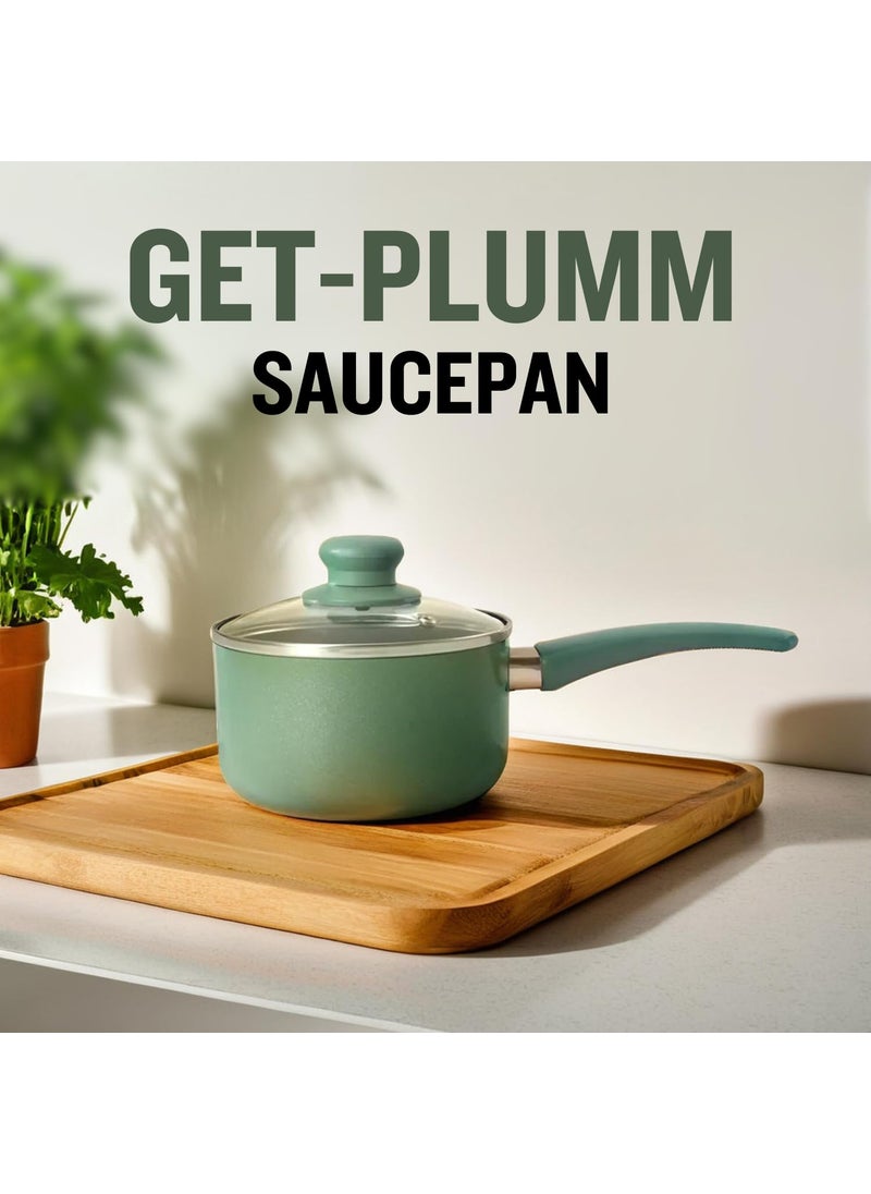 GET PLUMM Sauce Pan Induction Base Sauce Pan for Tea Gas Stove Compatible Pan for Making Tea Milk Boiler Cookware with Ceramic Coating Black Bakelite Handle Green 16 cm