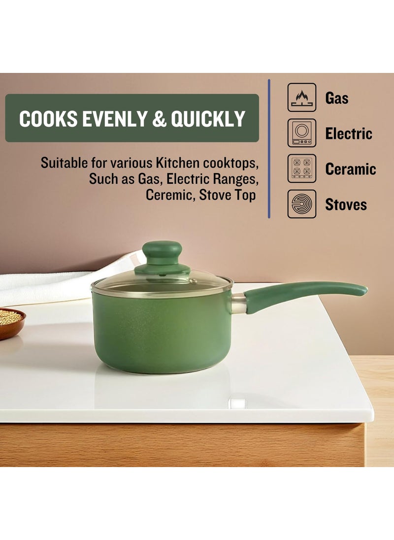 GET PLUMM Sauce Pan Induction Base Sauce Pan for Tea Gas Stove Compatible Pan for Making Tea Milk Boiler Cookware with Ceramic Coating Black Bakelite Handle Green 16 cm