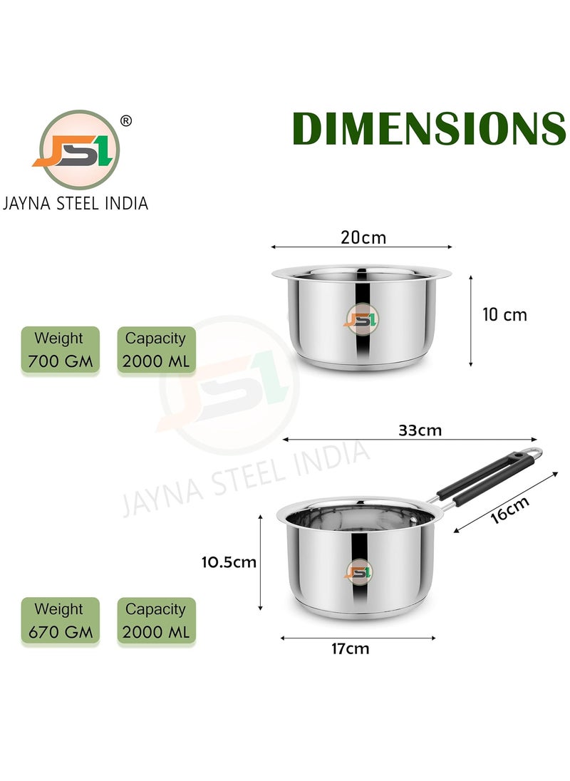 JSI Stainless Steel Milk Tope 20cm Tea Saucepan 18cm Cookware Combo Set of 2 Pcs TRIPLY Base Cooking Set with Heavy 430 Magnetic Base Induction Gas Stove Friendly Durable and Sturdy