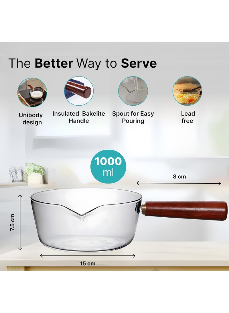 The Better Home Borosilicate Glass Saucepan 1L Cooking Pot Electric Stove Safe Dishwasher Safe Long Handle Ideal for Tea Milk Pasta Noodles Rice