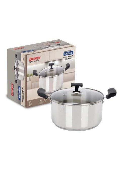 DONIV Solitaire Sandwich Bottom Stainless Steel Sauce Pot with Glass Lid 16 cm 14 LTR Cap Sauce Pot with Cool Touch Bakelite Handle Induction Compatible ISI Certified 5 Year Warranty Pack of 1