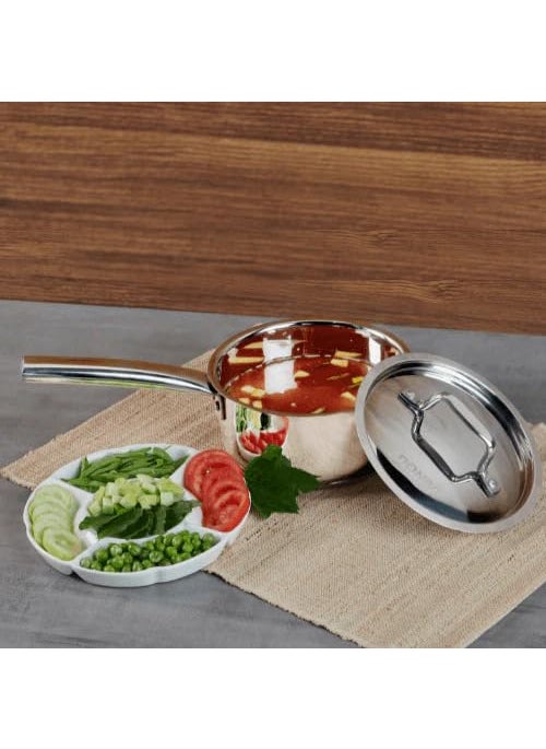 DONIV Majestic Sandwich Bottom Stainless Steel Sauce Pan 14 cm 1 LTR Capacity Induction Friendly Even Heat Distribution Tea Pan with Steel Lid ISI Certified 5 Years Warranty Pack of 1