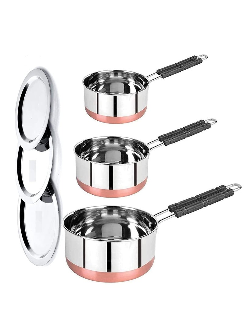 VARSHA INTERNATIONAL Steel Set of 3 Flat Bottom Copper Base Saucepan with LidTea Coffee Pan Set Induction Bottom Cookware Set with Lid Stainless Steel 3 Piece
