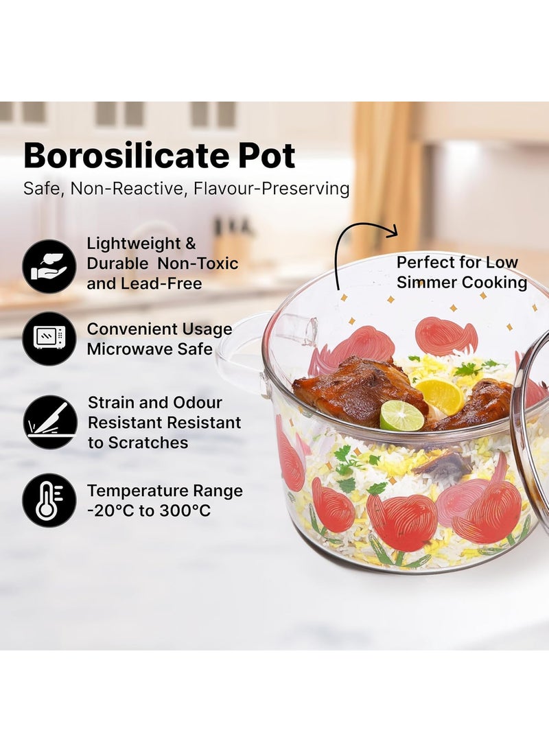 Urbane Home 2300ml Borosilicate Cooking Pot Glass Saucepan with Lid Handle Bakelite Knob MilkTea Pan for Gas Stove Induction Microwave Safe Handi Cookware