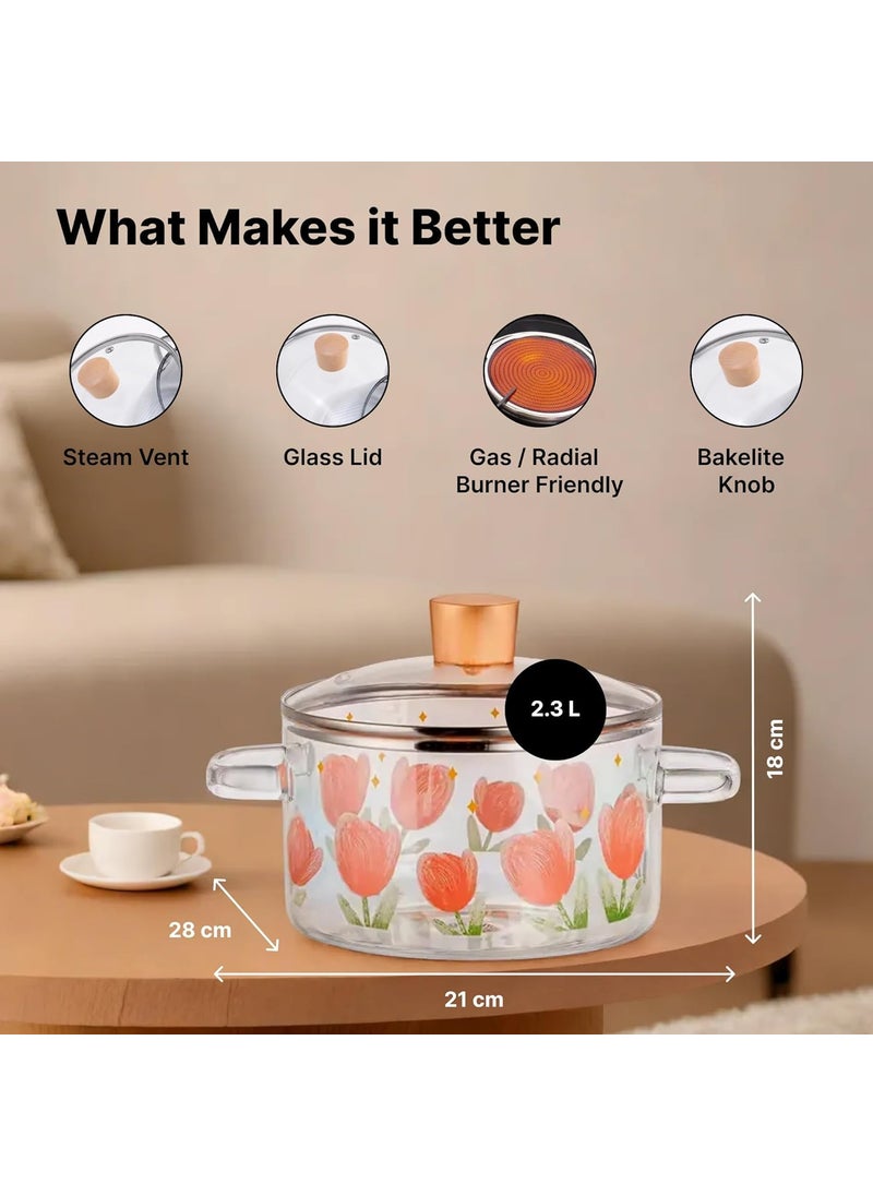 Urbane Home 2300ml Borosilicate Cooking Pot Glass Saucepan with Lid Handle Bakelite Knob MilkTea Pan for Gas Stove Induction Microwave Safe Handi Cookware