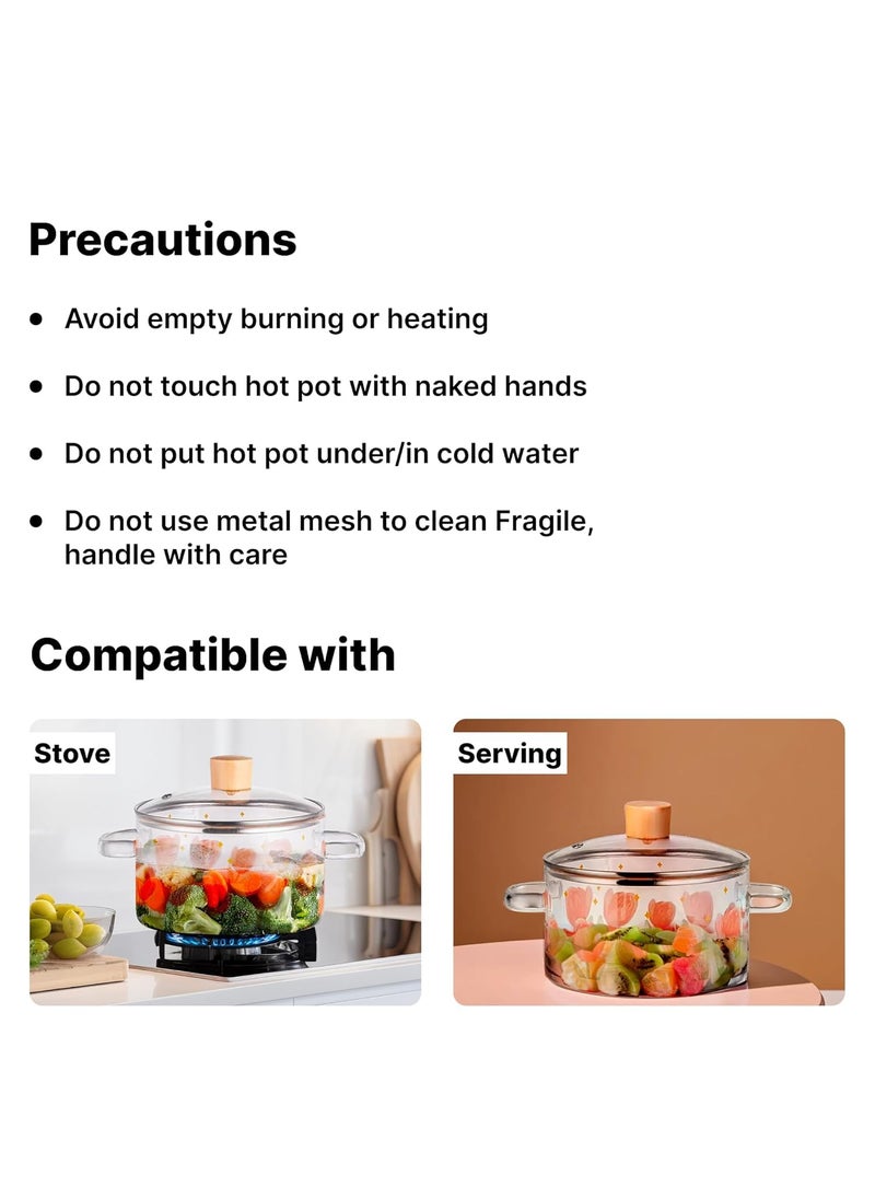 Urbane Home 2300ml Borosilicate Cooking Pot Glass Saucepan with Lid Handle Bakelite Knob MilkTea Pan for Gas Stove Induction Microwave Safe Handi Cookware