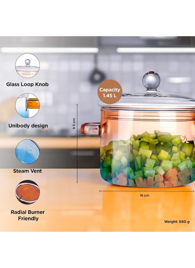 Urbane Home Borosilicate Glass 14L Saucepan with Lid Handle Induction Pan Cookware Handi for Cooking Microwave Safe Cooktop for TeaMilkPastaNoodlesRice Blue