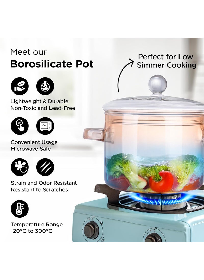 Urbane Home Borosilicate Glass 14L Saucepan with Lid Handle Induction Pan Cookware Handi for Cooking Microwave Safe Cooktop for TeaMilkPastaNoodlesRice Blue