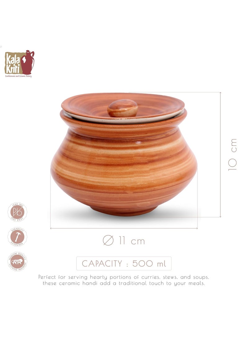 KALAKRITI ServeWare Brown Pot 500 ML Handi with lid Biryani Bowl Serveware Curd Setter Sauce Pot Serve for Dal Curry and Dining Tableware Pack of 2