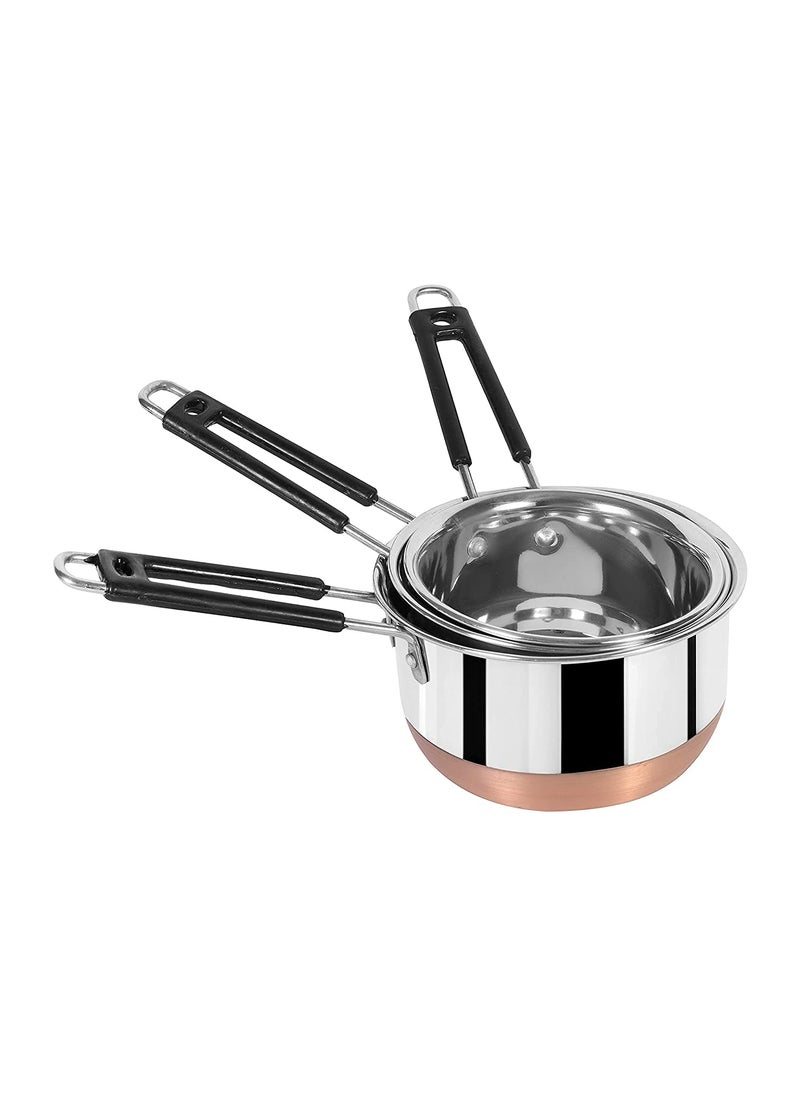 Devera Stainless Steel Copper Bottom Sauce Pan Flat Base Tea Milk Coffee Tapeli Patila Pot Bhagona Cookware with Handle Pan Induction Saucepan Tea Cookware 1000 ml 1500 ml 2000 ml 3 Piece Set of 3