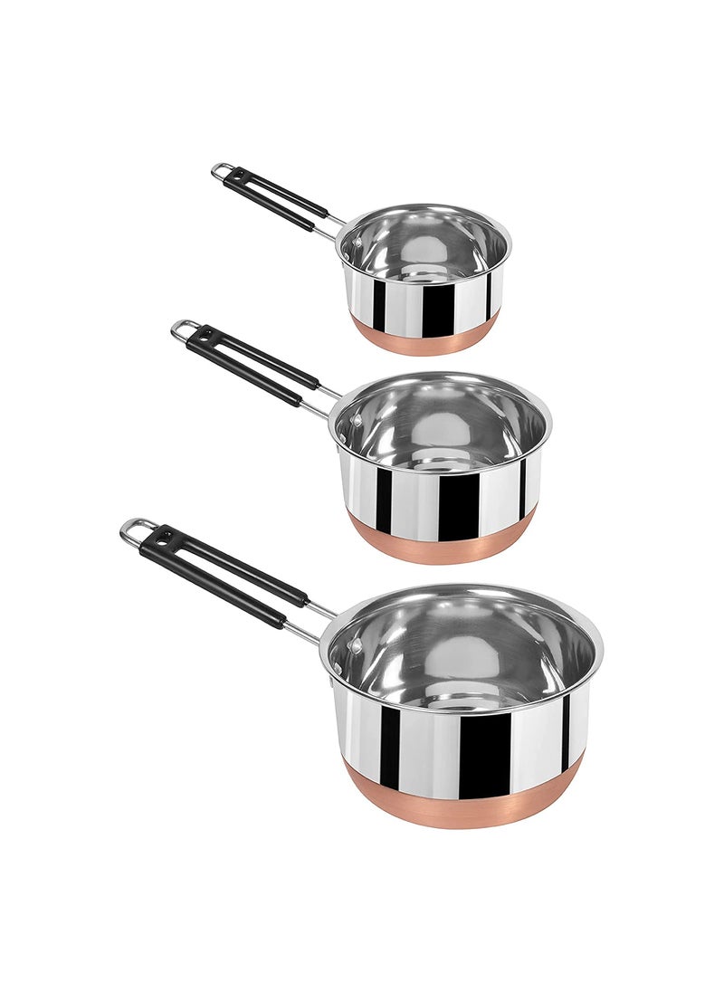 Devera Stainless Steel Copper Bottom Sauce Pan Flat Base Tea Milk Coffee Tapeli Patila Pot Bhagona Cookware with Handle Pan Induction Saucepan Tea Cookware 1000 ml 1500 ml 2000 ml 3 Piece Set of 3