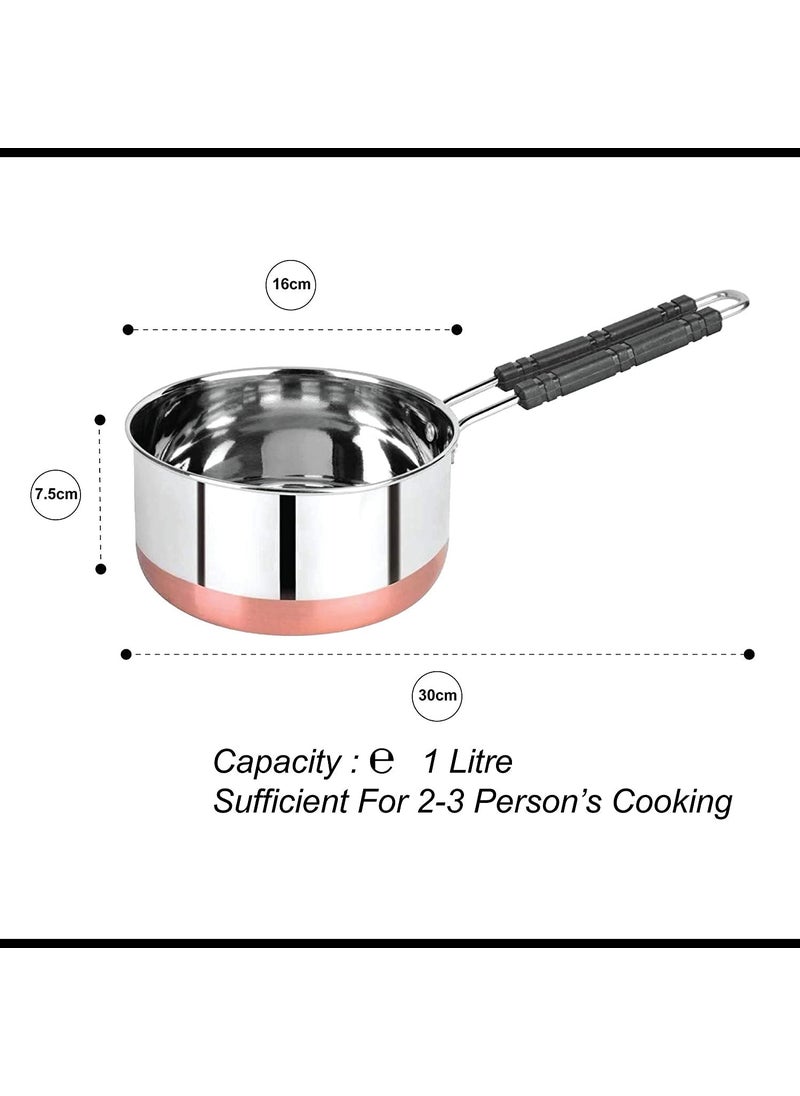 Devera Stainless Steel Copper Bottom Sauce Pan Flat Base Tea Milk Coffee Tapeli Patila Pot Bhagona Cookware with Handle Pan Induction Saucepan Tea Cookware 1000 ml 1500 ml 2000 ml 3 Piece Set of 3