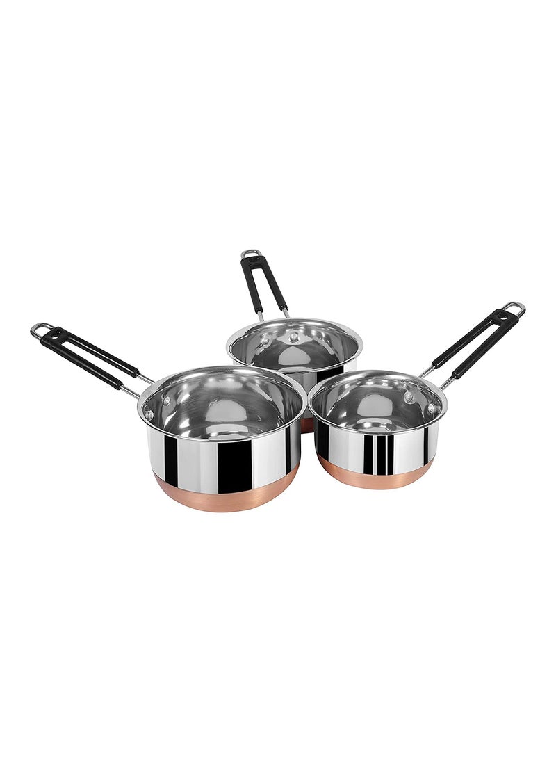 Devera Stainless Steel Copper Bottom Sauce Pan Flat Base Tea Milk Coffee Tapeli Patila Pot Bhagona Cookware with Handle Pan Induction Saucepan Tea Cookware 1000 ml 1500 ml 2000 ml 3 Piece Set of 3
