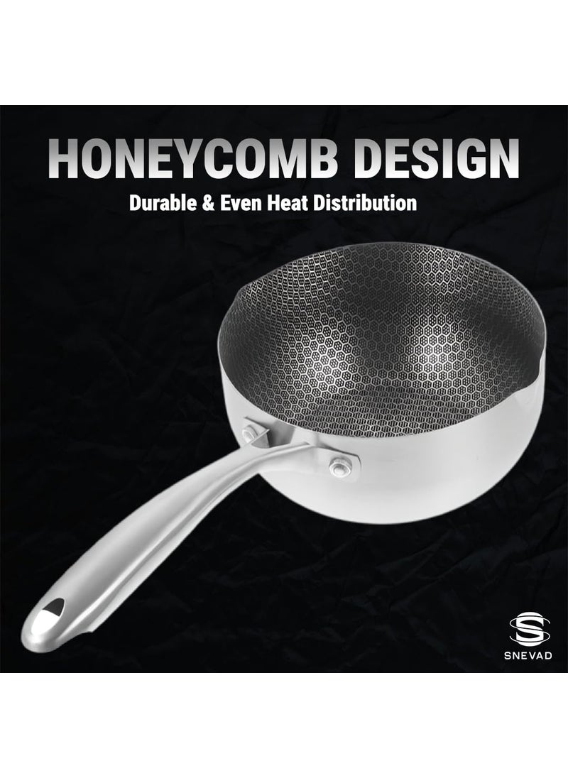 Snevad Stainless Steel Round Saucepan with Handle Ramen Pot Milk Cheese Pot Egg Frying Pan Pouring Oil Pans Honeycomb Soup Pot NonStick Steaming Stove Home Kitchen Cooking Pot Dishwasher Oven Safe
