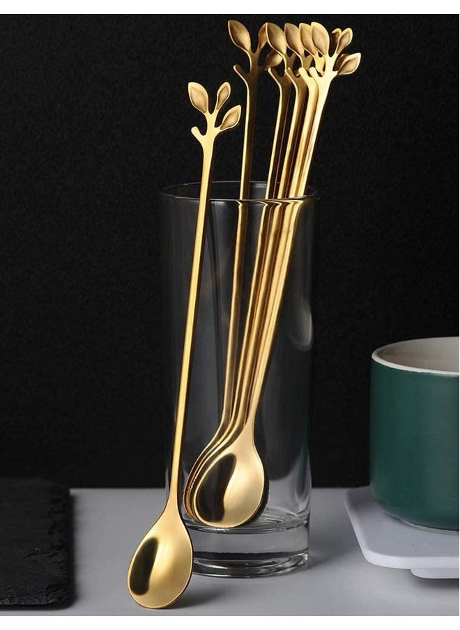 Stainless Steel Gold Leaf Long Handle Iced Tea Spoons Set Creative Stirring Spoons Creative Tableware Dessert Spoons Stirring Premium Food Grade Stainless SteelGold 6 Pcs