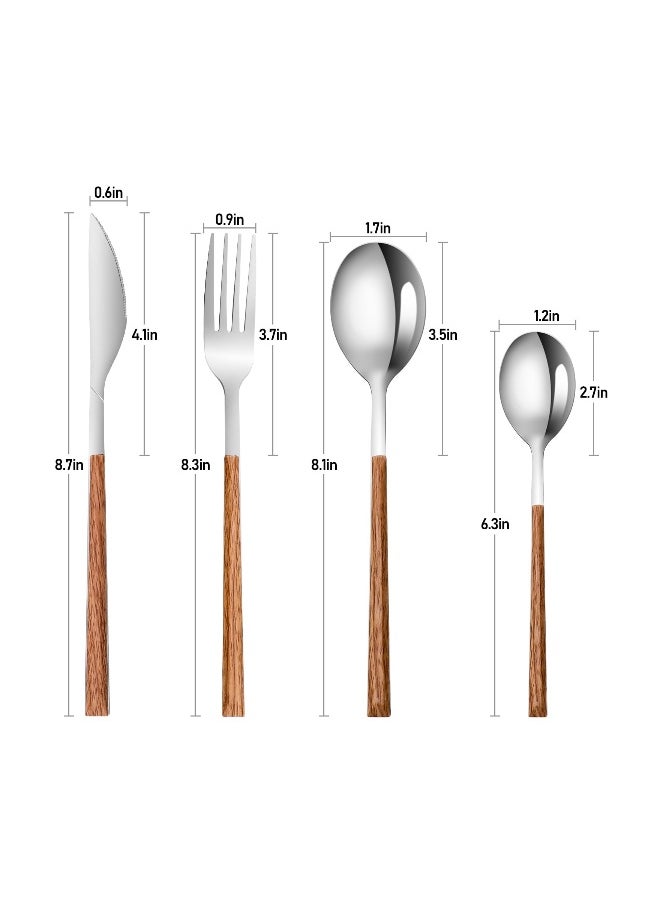 16PCS Stainless Steel Flatware, (Service for 4) Cutlery Set with Simulated Wooden Handles Stylish Cutlery  Stainless Steel Cutlery Dining Table Flatware Set  for 4, Mirror Polished and Dishwasher Safe