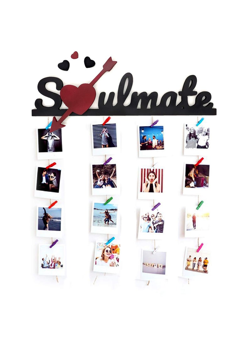 Decorcreed Soulmate Hanging Photo Display Picture Frame Collage Picture Display Organizer with Wood Clips for Wall Decor Hanging Photos Prints and Artwork