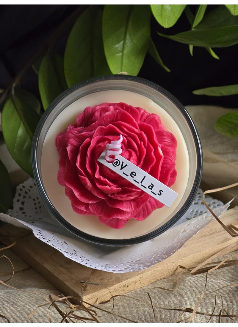 Velas Hand Crafted Peony Flower in Glass Soy Wax Scented Candle White Rose Scent Aesthetic Home Decor Lighting Gifting Pack of 1