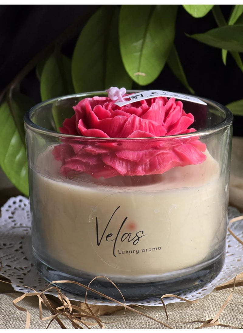 Velas Hand Crafted Peony Flower in Glass Soy Wax Scented Candle White Rose Scent Aesthetic Home Decor Lighting Gifting Pack of 1