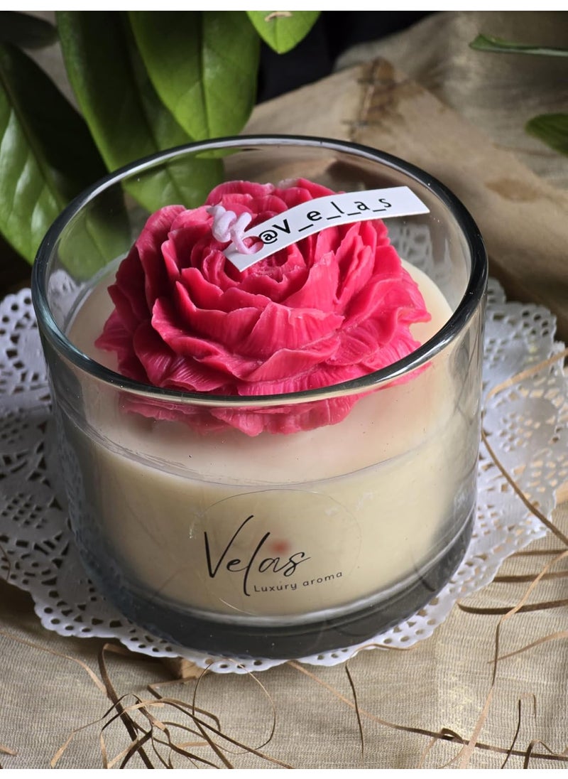 Velas Hand Crafted Peony Flower in Glass Soy Wax Scented Candle White Rose Scent Aesthetic Home Decor Lighting Gifting Pack of 1