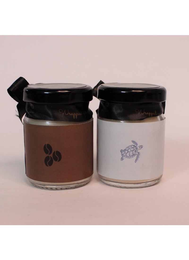 Wrapped up Love Scented Candles Gift Set Pack of 2 Roasted Coffee and Marine Melody 65g Each 12 Hour Burn time Each Soy Wax jar CandlesGift for Friends Friendship Day Gift