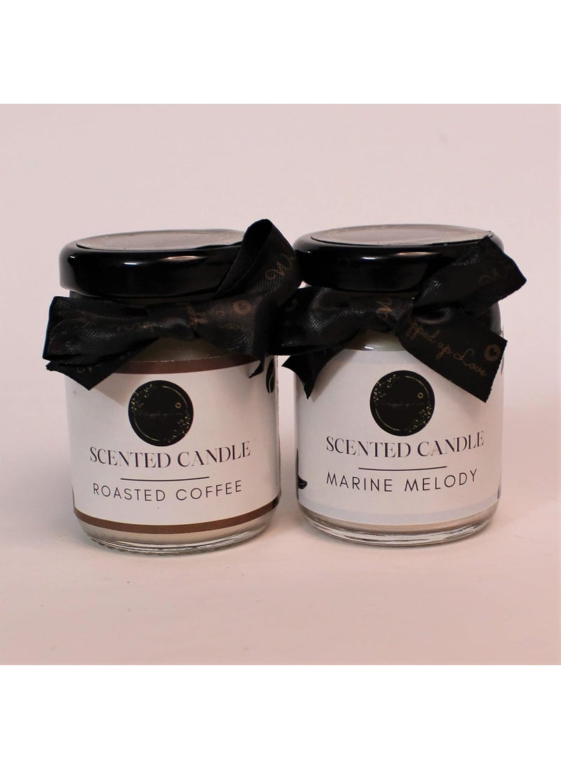 Wrapped up Love Scented Candles Gift Set Pack of 2 Roasted Coffee and Marine Melody 65g Each 12 Hour Burn time Each Soy Wax jar CandlesGift for Friends Friendship Day Gift