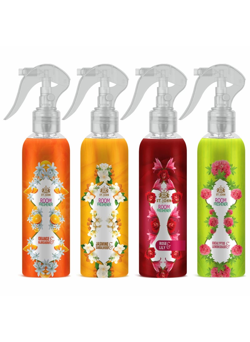 ST JOHN COBRA Room Freshener Long Lasting Upto 24 Hrs Fragrance Orange Rajnigandha Jasmine Sandalwood Rose Lilly Eucalyptus Lemongrass Combo Pack of 4 Spray 250 ml x 4