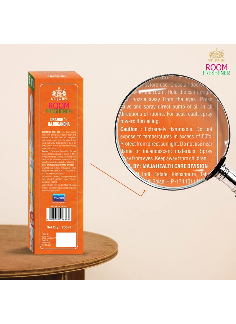 ST JOHN COBRA Room Freshener Long Lasting Upto 24 Hrs Fragrance Orange and Rajnigandha Combo Pack of 4 Spray 250 ml x 4