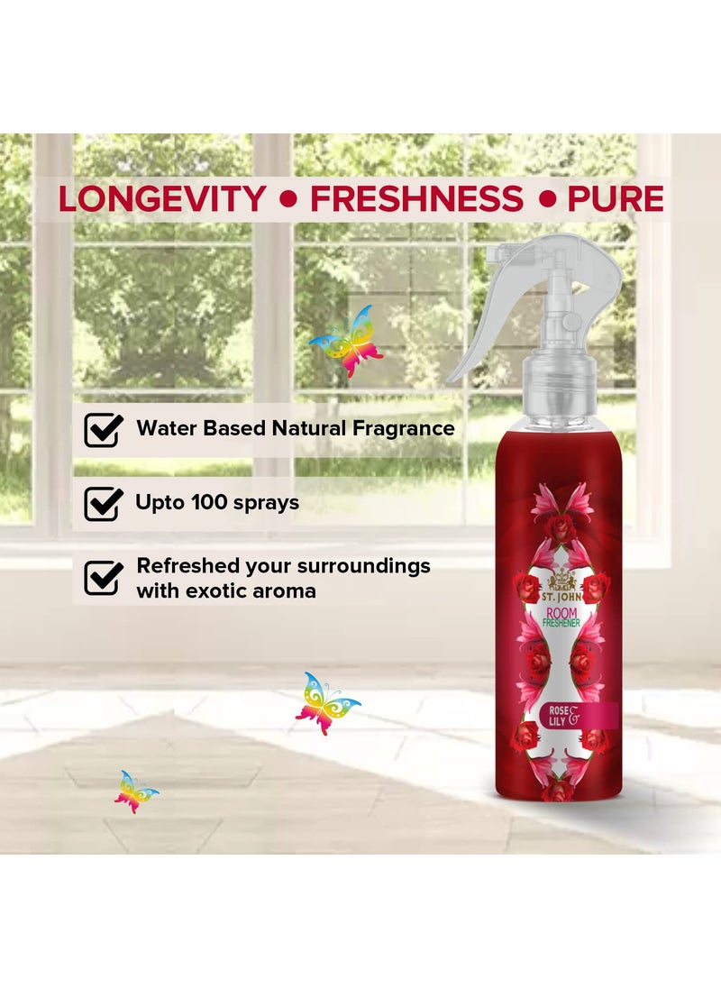 ST JOHN COBRA Room Freshener Long Lasting Upto 24 Hrs Fragrance Rose and Lilly Combo Pack of 3 Spray 250 ml x 3