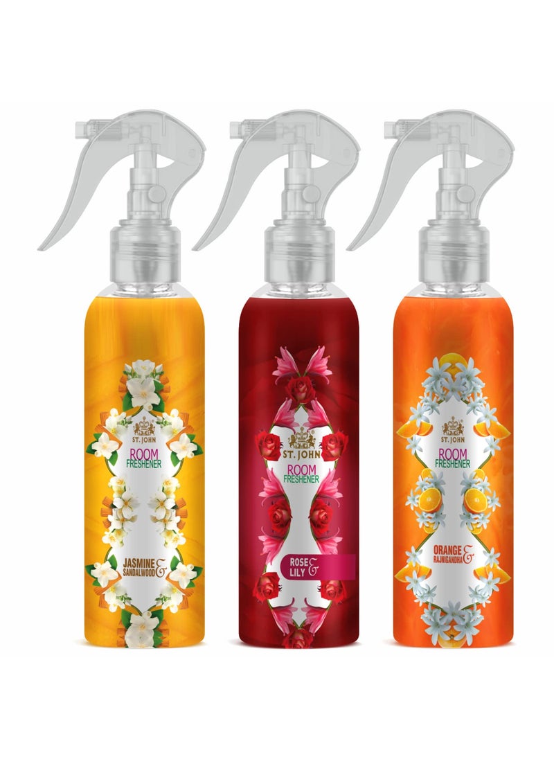ST JOHN COBRA Long Lasting Room Freshener Spray Upto 24 Hrs Fragrance Jasmine Sandalwood Rose Lilly Orange Rajnigandha 250 Ml Each Pack Of 3