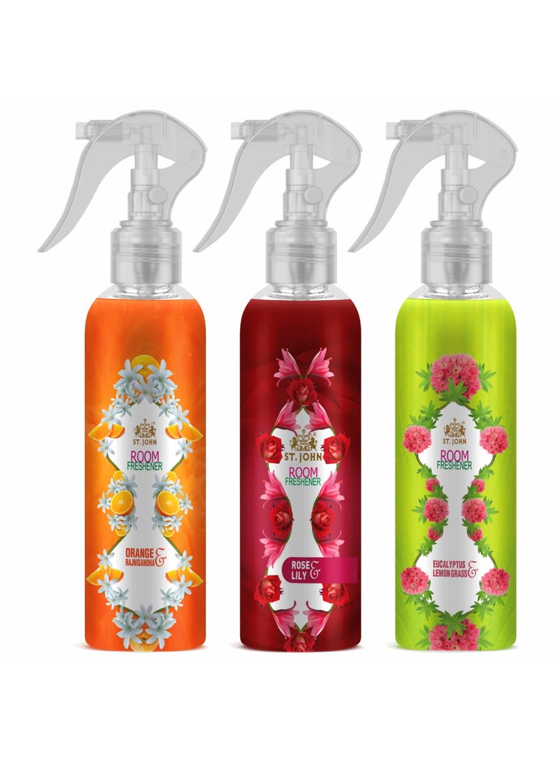 ST JOHN COBRA Room Freshener Long Lasting Upto 24 Hrs Fragrance Orange Rajnigandha Rose Lilly Eucalyptus Lemongrass Combo Pack of 3 Spray 250 ml x 3