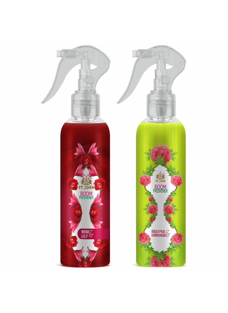 ST JOHN COBRA Room Freshener For Long Lasting Fragrance In Rose Lilly Eucalyptus Lemongrass Combo Pack Of 2 Spray 2 X 250 Ml