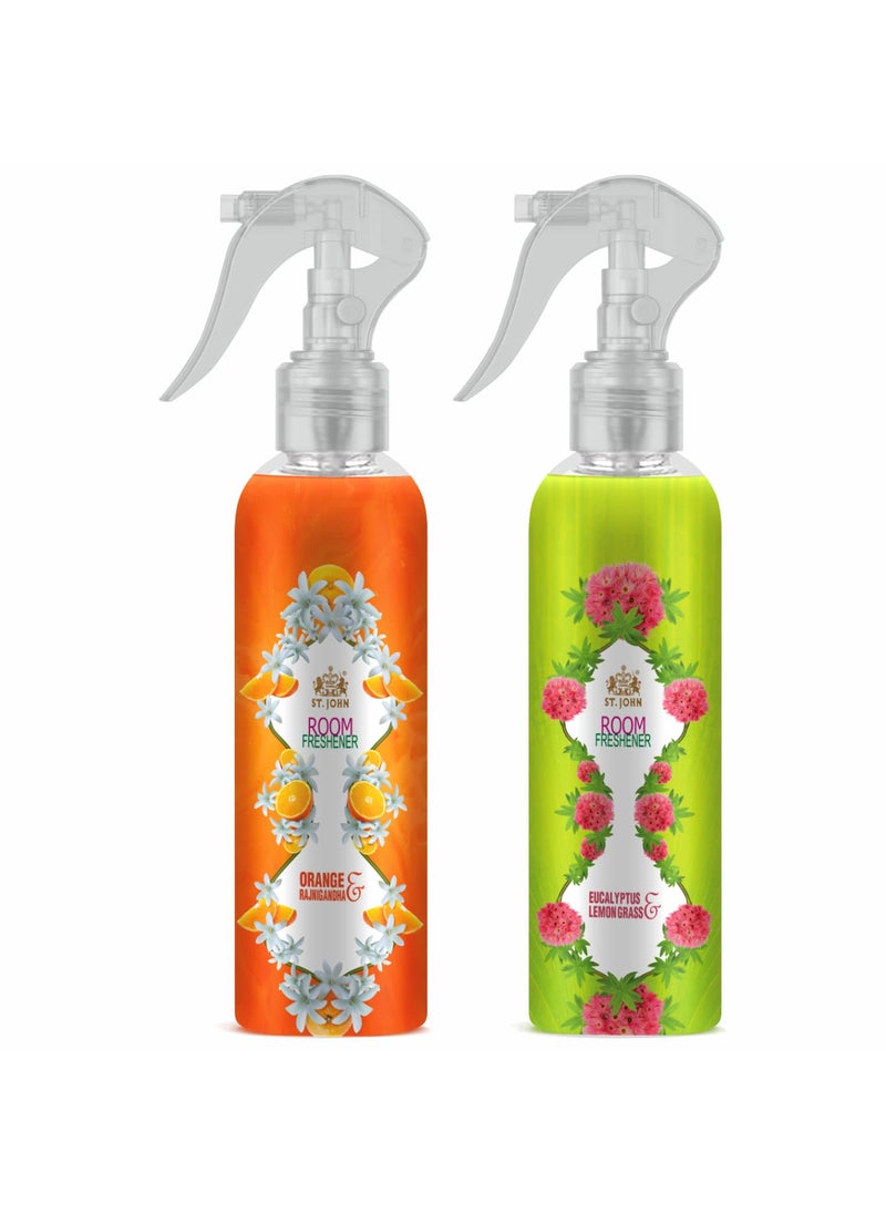 ST JOHN COBRA Room Freshener for Long Lasting Upto 24 Hrs Fragrance In Orange Rajnigandha and Eucalyptus Lemongrass Combo Pack of 2 Spray 250 ml x 2