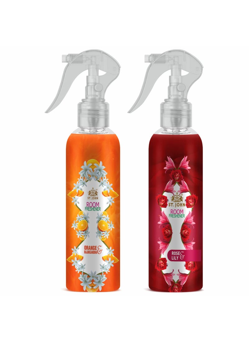 ST JOHN COBRA Room Freshener for Long Lasting Upto 24 Hrs Fragrance Orange Rajnigandha and Rose Lilly Combo Pack of 2 Spray 250 ml x 2