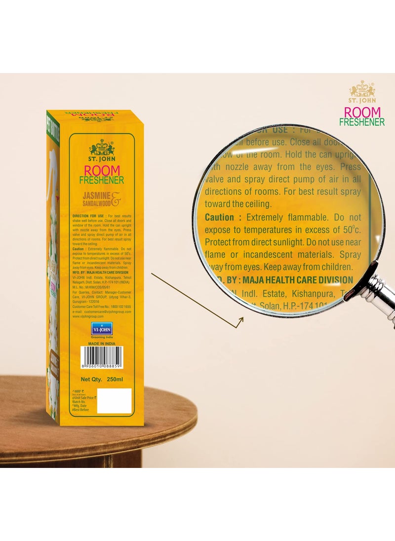 ST JOHN COBRA Long Lasting Room Freshener Upto 24 Hrs Fragrance Jasmine and Sandalwood Spray 250 ml Pack of 2