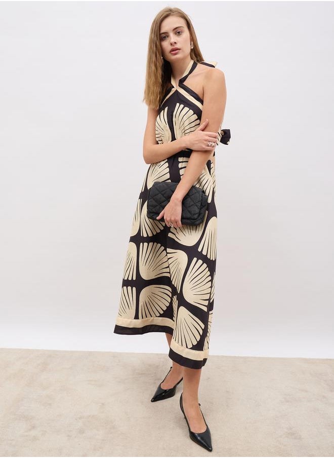 All-Over Print Halter Neck A-Line Midi Dress