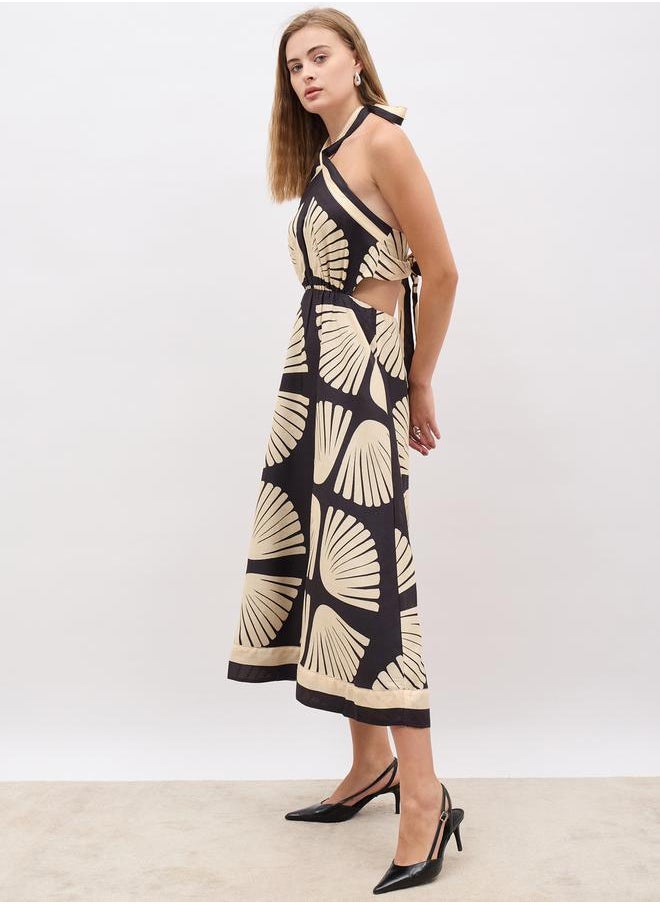 All-Over Print Halter Neck A-Line Midi Dress