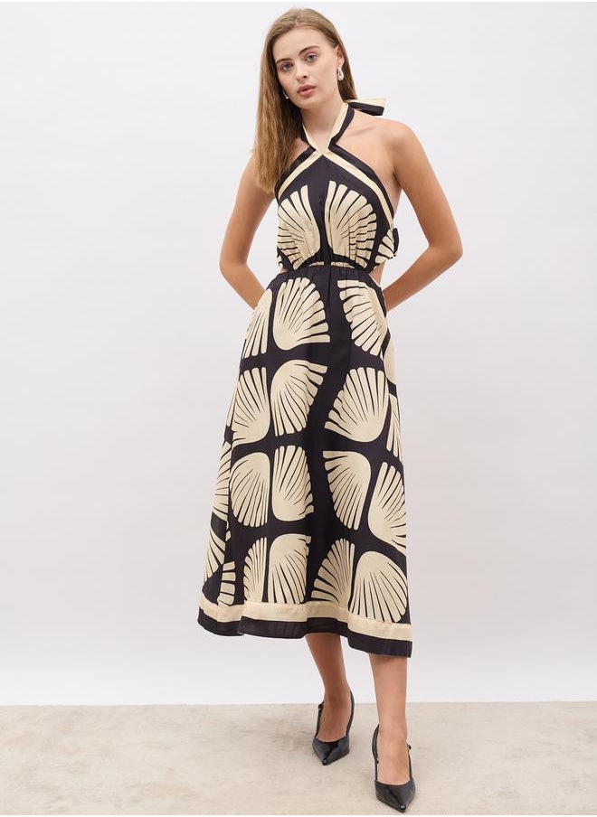 All-Over Print Halter Neck A-Line Midi Dress