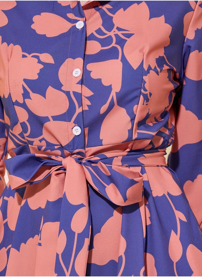 Floral Print Long Sleeves Shirt Midi Dress with Tie Detail