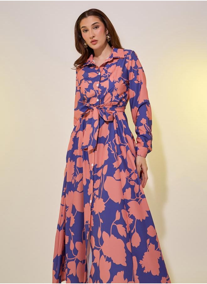 Floral Print Long Sleeves Shirt Midi Dress with Tie Detail