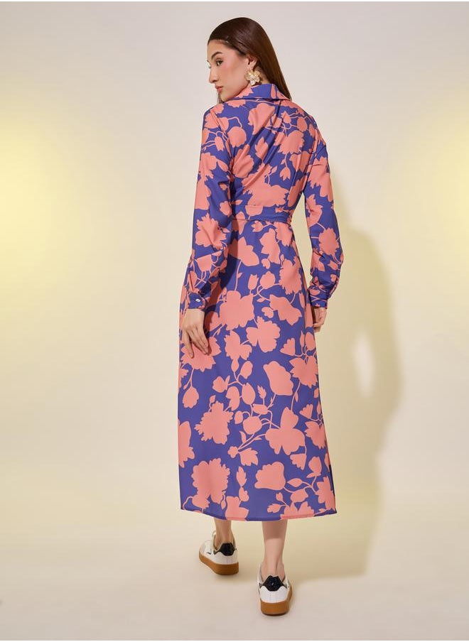 Floral Print Long Sleeves Shirt Midi Dress with Tie Detail