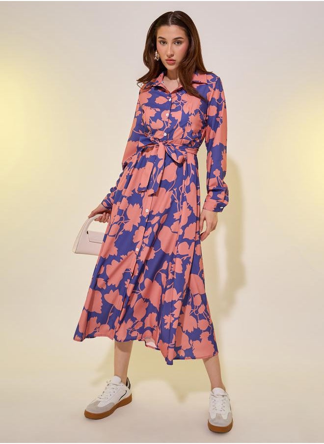 Floral Print Long Sleeves Shirt Midi Dress with Tie Detail