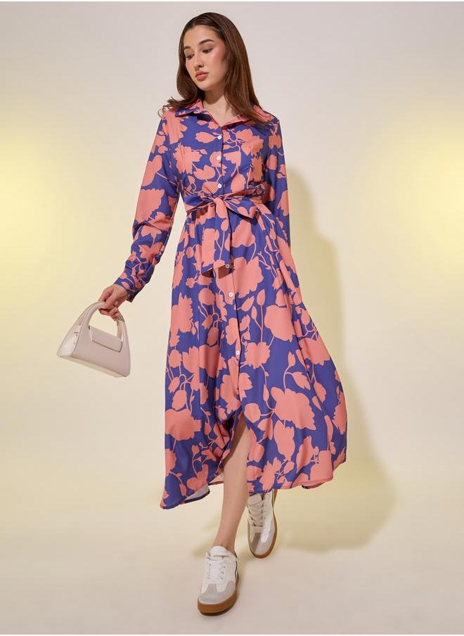 Floral Print Long Sleeves Shirt Midi Dress with Tie Detail