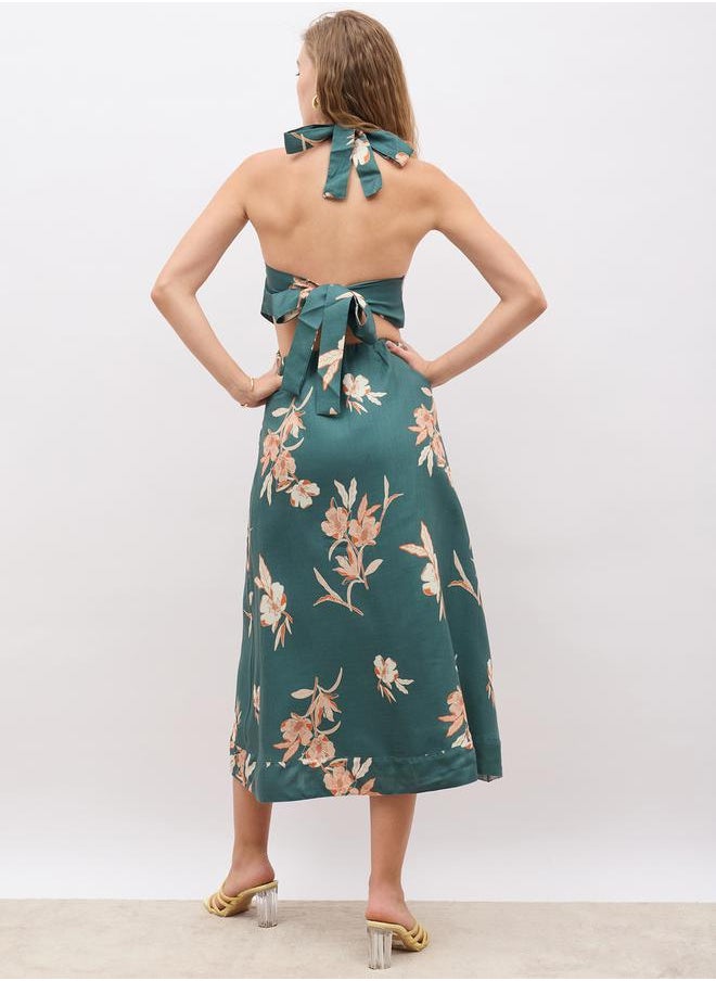 All-Over Print Halter Neck A-Line Midi Dress